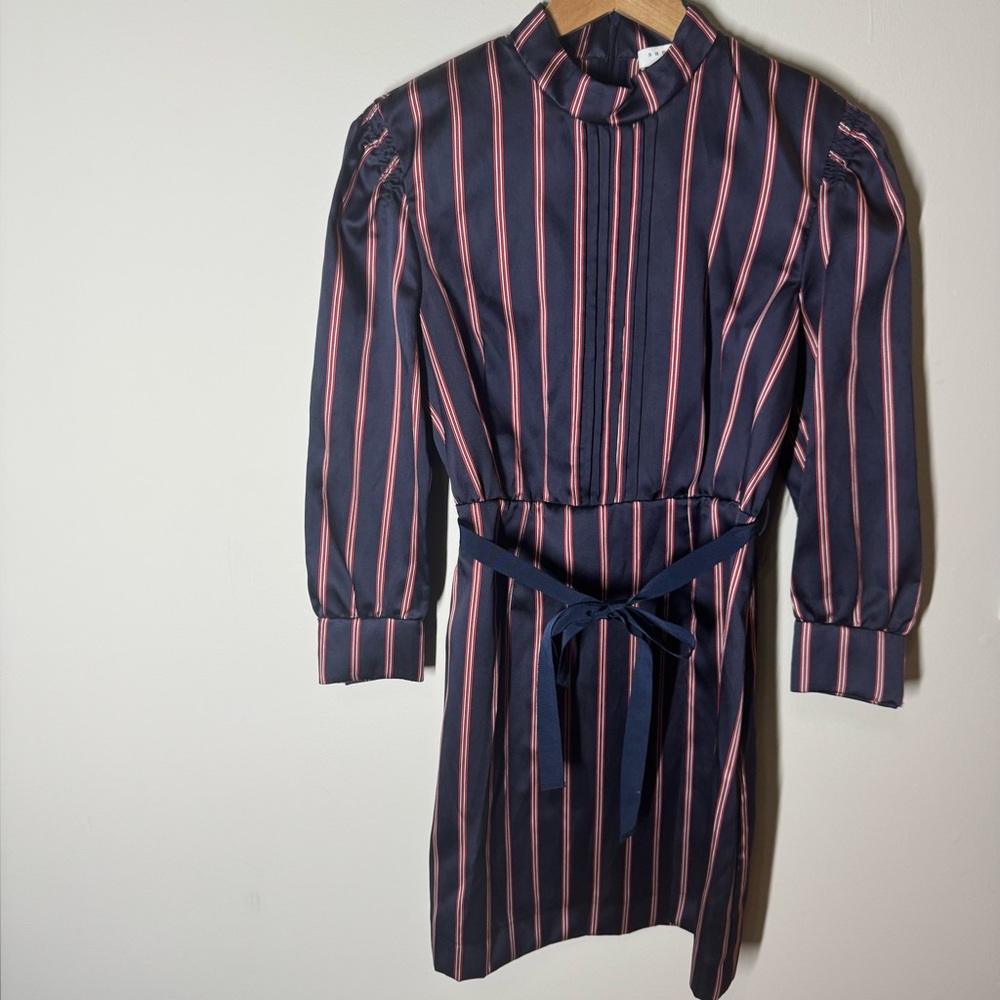 NWT Sandro Respect Navy/White/Red Striped Puff-Sleeve Women’s Mini Dress 40/8 - Picture 5 of 13